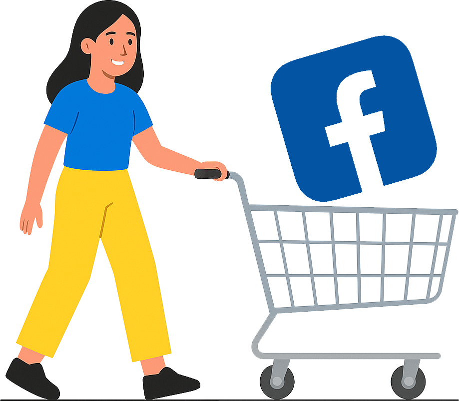Buy Facebook Followers - Social Media Growth Made Easy Illustration of a woman pushing a shopping cart with the Facebook logo, representing buying followers
